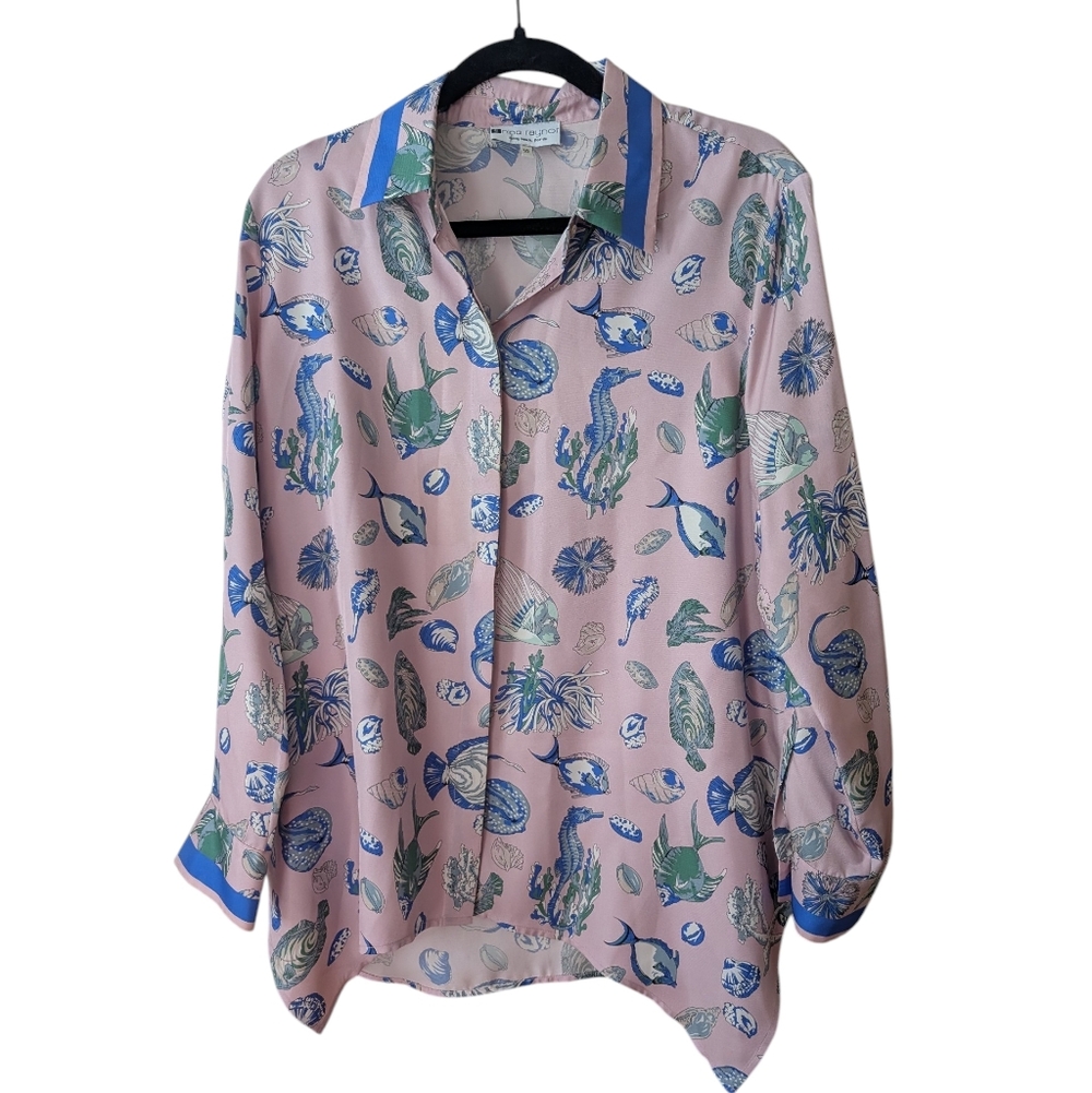 Nina‎ Raynor Silk Fish Seahorse Shell Button Down Quirky Size 10